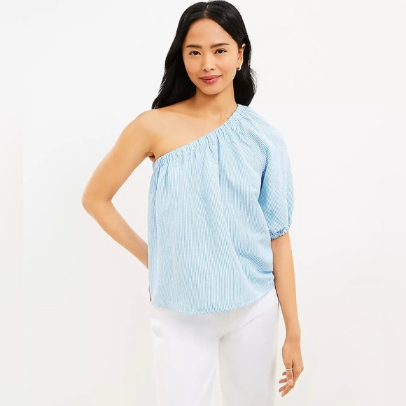 Loft | New linen blend one shoulder top/blouse Womens size S stripes puff sleeve - Picture 1 of 8